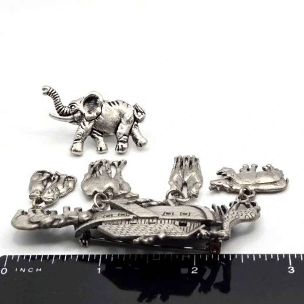 JJ Jonette Jewelry Silvertone‎ Noah's Ark Brooch and J. Crew Elephant Pin